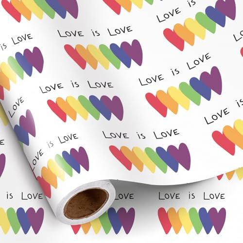 RUSPEPA Regenbogen-Herz-Geschenkpapierrolle, Mini-Rolle, „Love is Love“-Schriftzug mit Regenbogen-Herz-Design, buntes Geschenkpapier für Geburtstage und Feiern zum Pride Month, 43,2 cm x 5 m
