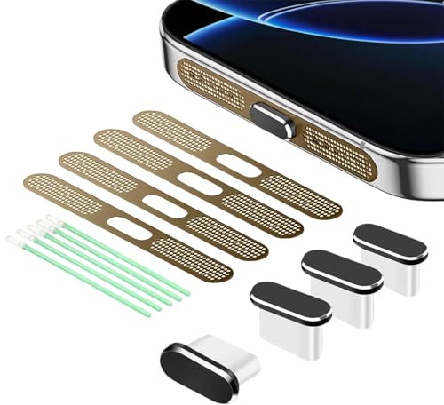 BelleVive 8-Pack USB-C Dust Protector Plugs, Type-C Charging Port Cover, Earphone Speaker Mesh, Dust-Proof Adhesive Cover, for iPhone 16/iPhone 15, Natural Titanium