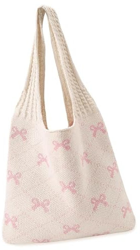 SHUOHONG Häkeltasche Herz Tasche, Rosa Schleife Strandtasche Teenager Mädchen y2k, Aesthetic Strandtasche für Damen, Leichte Strick-Tote Tasche, Perfekt für Alltag, Shopping und Urlaub