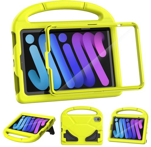 TOEVEK Kids Case for iPad mini 7 (A17 Pro) 2024/ Mini 6 2021, iPad mini 7th/6th Generation Case with Screen Protector - Shockproof with Handle Stand Protective Cover for iPad 8.3 Inch, Yellow