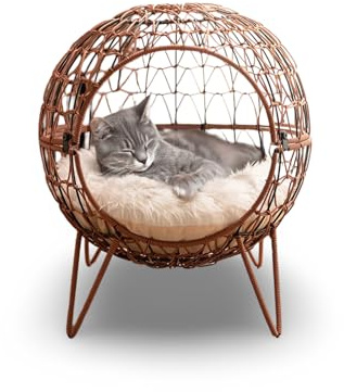 Katzenbett Rattan 45x50 cm Schlafkorb Mit Kissen Katzenhöhle Katzenhaus | BURI Katzenbett als gemütlicher Heimtierkorb in Kugelform für Katzen, Indoor, komfortablen Schlaf und stilvolle Dekoration