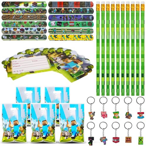 Dncvb Miner Party Bag Fillers Gaming Party Favours Party Supplies Include 10 Gaming Pencils 10 Party Bags 12 Miner Snap Bracelet 10 Gaming Keychain 10 Invitations Cards for Children's Birthday