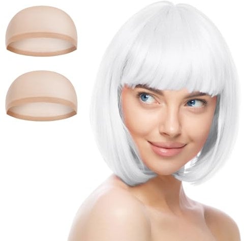 Aomig 3er-Pack kurze weiße Bob-Perücken-Set mit 2 Perückenkappen, Neon-Kostüm-Zubehör, Cosplay-Party-Perücke, synthetische glatte Perücke für den täglichen Gebrauch und Halloween