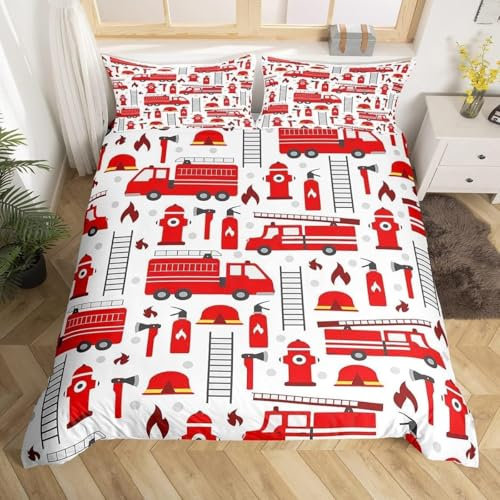 EXSANLIEAY Kinder Bettwäsche-Sets 155x220 cm Feuerwehr Bettbezug Kreatives 3D Effekt Weich Microfaser Deckenbezug mit Reißverschluss und 2 Kissenbezug 80x80 cm