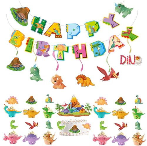 Dino Geburtstag Deko Set, Dino Deko Kindergeburtstag mit Banner, Hängespirale, Tortenbecher, Tortendekorationseinlagen, Deko Dino Geburtstag, Geeignet für die Dekoration von Kindergeburtstagen
