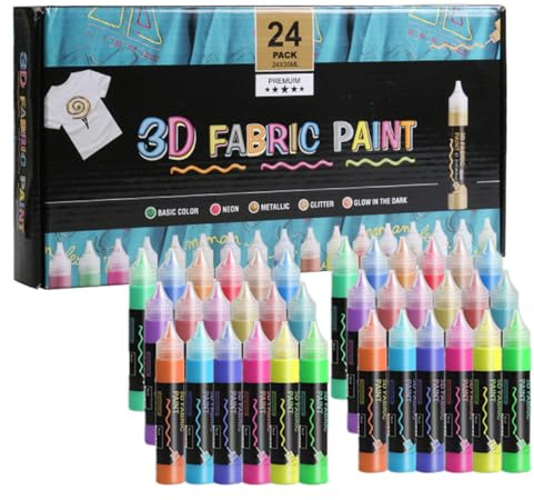 Set di vernice per tessuto 3D, 30 ml, colori permanenti, 24 colori impermeabili, ideali per vestiti, tela, legno, cappelli, vetro e artigianato, per bambini o adulti