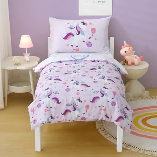 JQWUPUP Purple Unicorn Planet Cot Bed Duvet Cover Set 120 x 150cm for Girls, Reversible Dreamy Space Microfibre Toddler Bedding Set with Zipper