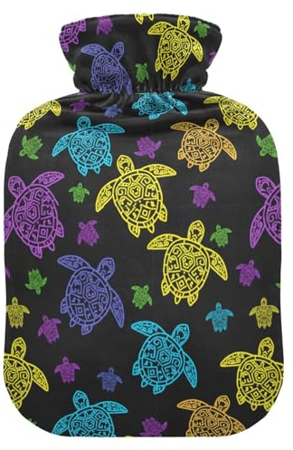 Turtles Black Hot Water Bottle with Cover for Pain Relief Hot Bottle Water Bag for Menstrual Cramps, 2L