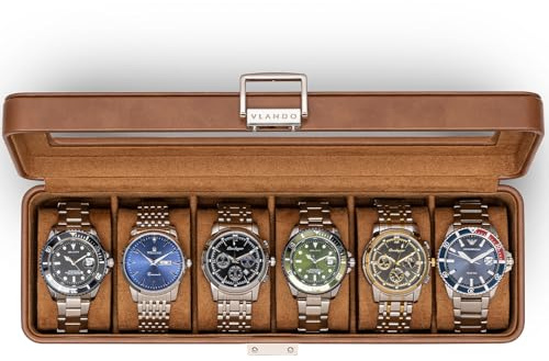 VLANDO Uhrenbox Herren 6 Uhren,abschließbarer Uhrenkasten mit Glasdeckel | Geschenk für Väter, Ehemann, Freund， Watch Box Uhrenaufbewahrung mit PU leader Uhrenkissen,Braun