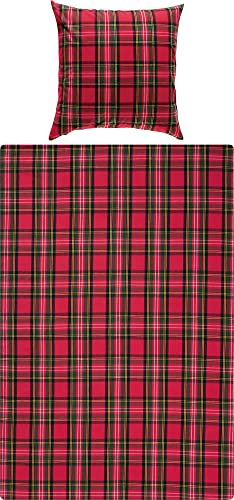 Erwin Müller warme Bettwäsche Flanell buntgewebt rot Größe 80x80 cm / 155x200 cm - hautsympathisch, atmungsaktiv, samtweich, 100% Baumwolle, mit Knopfverschluss