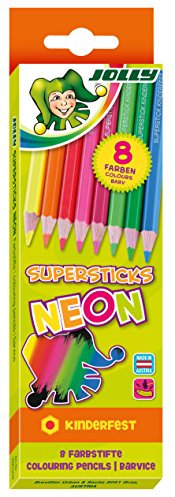 Jolly Superstick Neon Buntstifte Farbstifte | Kinderfest und Bruchsicher | Ungiftig | extra dicke Mine | 8 Stifte im Kartonetui