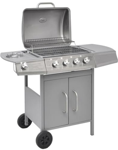 vidaXL Gasgrill mit 4 Brennern 1 Seitenbrenner BBQ Grill Standgrill Grillwagen Grillstation Gartengrill Wagengrill Barbecue Silbern