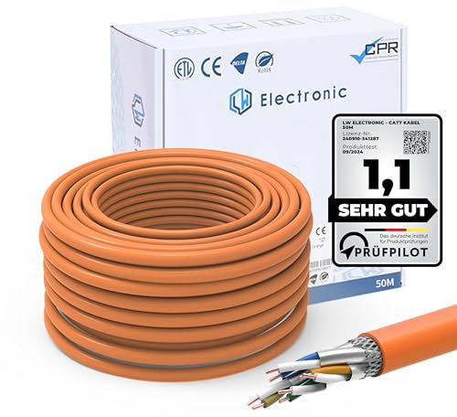 LW Electronic - Cavo di rete CAT7 Gigabit, senza alogeni, POE, costruzione PVO, schermatura S/FTP PIMF 1000 MHz, 23AWG, LSZH, cavo dati LAN, arancione, 50 m