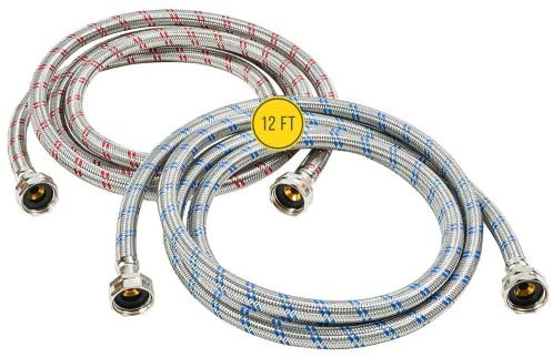 Washing Machine Hoses (12FT) - OCT Connect for Easy & Secure Tightening - Universal Fit to All Wash Machines - (2 Pack) Stainless Steel - Burst Proof Washer Water Supply Line
