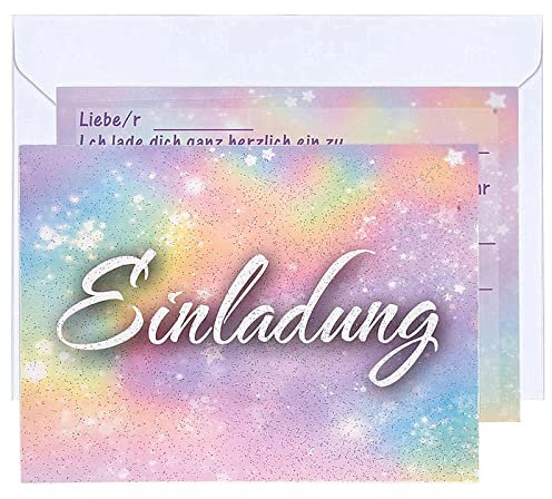 20x Glitzer EINLADUNGSKARTEN + Umschläge für Party und Kindergeburtstag, Bunten Regenbogen Einladungskarten, Einladung für Mädchen Jungen zum Geburtstag, Kinder Einladungskarten