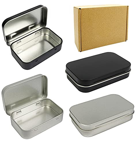 Millennial Essentials 4 Pack Metal Rectangular Empty Hinged Tins Box Containers 3.75 by 2.45 by 0.8 Inch Silver & Black Mini Portable Box Small Storage Kit Home Organizer (2 Black 2 Silver)