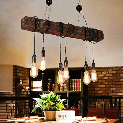 Retro Pendelleuchten Industriestil Vintage Hängelampe Aus Holz Und Metall Kronleuchter E27 * 6 Hähenverstellbar Hängelampe Kitchen Dining Wohnzimmer Loft Rustikale Decke Droplight Pendellampe