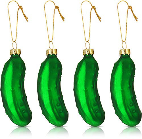 4 Stück Weihnachten Gurke Ornamente Essiggurke Glas Geblasen Ornamente Essiggurke Anhänger Urlaub Dekorationen mit Schnur für Weihnachtsbaum Dekoration