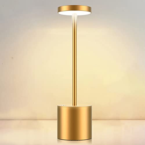 Tischlampe Kabellos,Metall Aluminium Dimmbar LED Akku Tischleuchte,Tragbar USB Aufladbar Nachttischlampe,Geeignet für Outdoor Indoor Esszimmer Bar Terrasse (Gold)