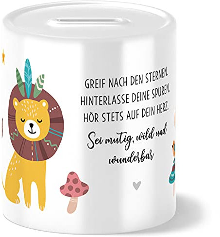 OWLBOOK® Boho Löwe Spardose Kinder personalisiert | Geschenke zur Einschulung | Taufgeschenke | Geschenk Taufe Geburt Geburtstag Junge Mädchen | Sparschwein | Sparbüchse | Wiederverschließbar