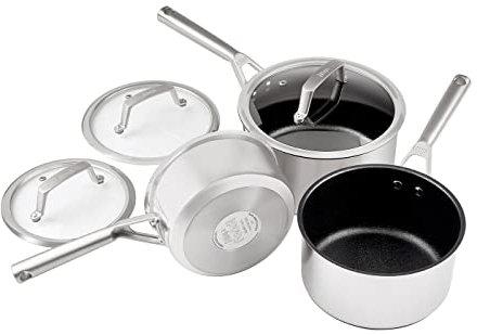 Ninja ZEROSTICK Batterie de cuisine 3 pièces en acier inoxydable avec couvercles en verre, longue durée, casseroles antiadhésives (16, 18 et 20 cm), compatible induction, passe au four jusqu'à 260 °C