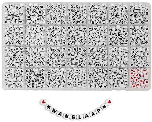 WangLaap Runde Acrylperlen mit Buchstabenperlen von A–Z, rote Herzen, schwarze Sterne, für Armbänder, Halsketten, Schmuckherstellung, 4 x 7 mm, 1450 Stück (Weiß)