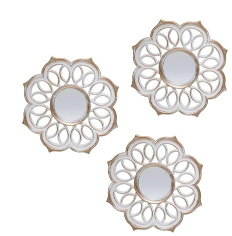 D'CASA Set de 3 Espejos de parad Rayas Blancos de Cristal y Etnico - Etnico