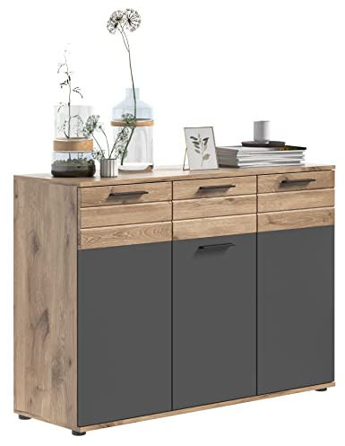 Newroom Kommode Eiche Basalt Grau mit Schubladen Sideboard Wohnzimmer | 3 Türen und offene Fächer, Bügelgriff, schwarze Füße, Holzoptik, Highboard, Komodenschrank 120 cm breit, Flur Schlafzimmer