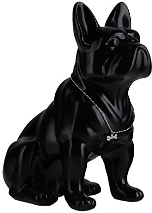 SHENGTIAN Französische Bulldogge Deko Statue – Harz Hundeskulptur mit Silber Halskette – Deko Figur für Wohnzimmer, Büro, Flur und Schlafzimmer(Schwarz,31cm)