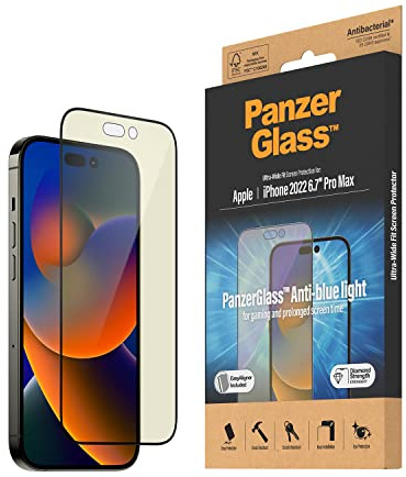 PanzerGlass™ Anti-Blue Light Displayschutz für iPhone 14 Pro Max - kratzfester und augenschonender Screen Protector mit Blaulichtfilter für Retinaschutz - mit Positionierhilfe für einfache Anbringung