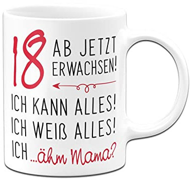 Tassenbrennerei Tasse mit Spruch 18 ab jetzt erwachsen - Kaffeetasse als lustiges Geschenk zum 18. Geburtstag für Sohn und Tochter (Weiß)