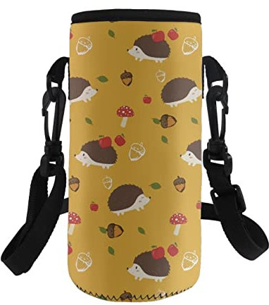 COEQINE Sac de Transport Isotherme en néoprène pour Bouteille d'eau,Motif hérisson,Champignon,bandoulière réglable pour Adultes,Enfants,Marche,randonnée,Acier Inoxydable et Bouteille en Plastique
