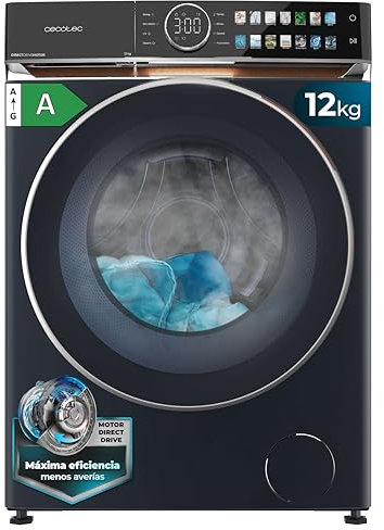 Cecotec Lavatrice 12Kg Carica Frontale Bolero DressCode 12980 Direct Drive Blue A. 1400RPM, Motore Direct Drive, Basso Consumo, Display FullColor, Finiture in Similpelle, Porta XXL, Luce UV e Vapore