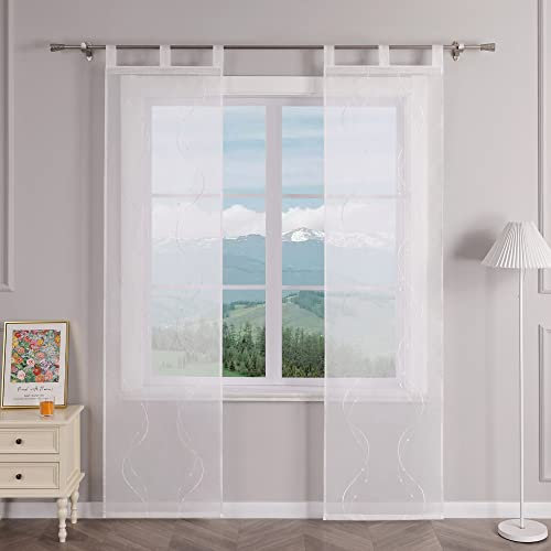 Delien Schiebevorhänge 2er Set Transparente Schiebegardinen Modern mit Paneelwagen Flächenvorhänge mit Wellenmuster Wohnzimmer Fenster Gardinen Bestickt mit Schlaufen BxH 57x225cm,Weiß