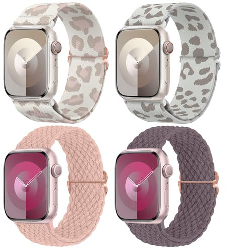 Delidigi 4 Piezas Trenzada Correas Compatibles con Apple Watch 40mm 41mm 38mm 42mm Mujer Hombr, Correa de Reemplazo Estirables Elásticos para iWatch Series 11 10 9 8 7 6 5 4 3 2 1/SE 3 2 1