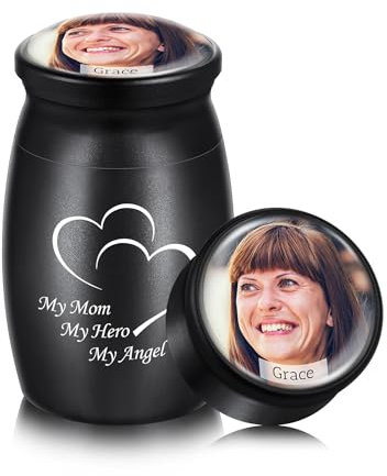 OTXIXTO Personalisierte Kleine Kremation Asche Halter Aluminium Urne Glas Deckel mit Gravur Foto/Name Individueller Asche Andenken für Mensch Haustier Hund Katze (Schwarz-Optionaler Text)