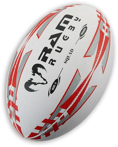 Ram Rugby Squad Trainer Rugby Ball (Size 5 & Mini pump) Club Quality Rugby Training Ball. Hand stitched, 3 ply, 3-D Grip for ultimate Passing & Catching Control – Suitable for Adults, Kids & Children