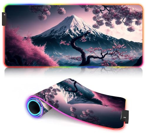 Tapis Souris Jeu Tapis Souris RGB XXL Tapis Souris avec 14 Modes d'éclairage 7 Couleurs LED Tapis Souris pour Bureau pour PC Clavier d'ordinateur Portable Fleurs Cerisier Japonais 40x90 cm