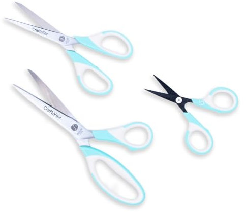 Craftelier - Set mit 3 Edelstahlscheren in verschiedenen Größen zum Basteln - Ergonomischer Griff - Für Links- und Rechtshänder - Größen 11,4 cm, 16,51 cm und 21,59 cm - Farbe Türkis und Weiß