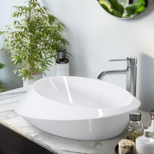 EMKE Vasque à poser salle de bain 600x 450 x 145mm,Lavabo ovale en céramique,Blanc brillant, Vasque Asymétrique, Montage Comptoir,Blanc brillant