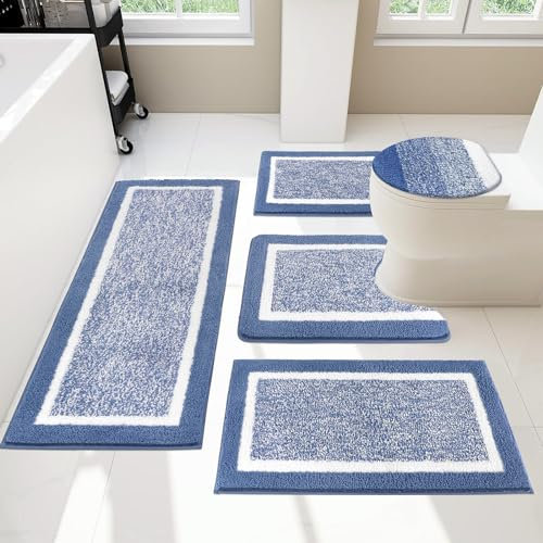Pauwer 5-teiliges Badezimmer-Duschteppich-Set mit Deckelbezug, U-förmige Kontur-WC-Matte, saugfähige Mikrofaser-Plüsch-Badematten, rutschfest, maschinenwaschbar, Badezimmer-Fußmatten