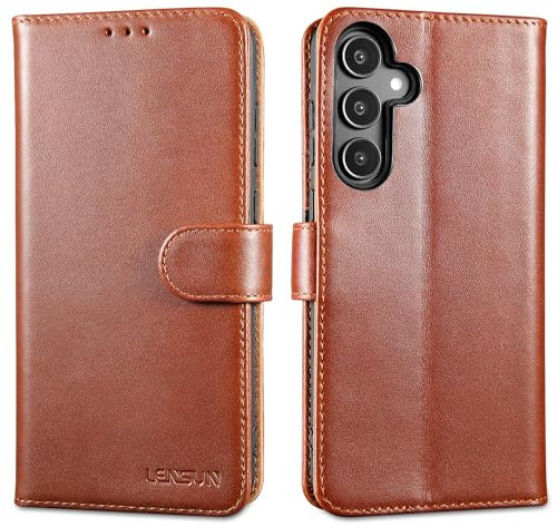 LENSUN Lederhülle für Samsung Galaxy A35, Echtleder Hülle Klappbar [Kartenfach][RFID Schutz][Standfunktion] Handytasche Handyhülle Flip für Samsung A35 5G - Dunkelbraun