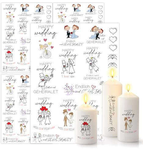 ALLAVA 4 Stück Kerzenattoos Kerzen Tattoo Hochzeit Wasserschiebefolie, Kerzenfolie Kerzentattoo Lieblingsmensch Sprüche für Kerzen und Keramik (19x14cm, Hochzeit A)