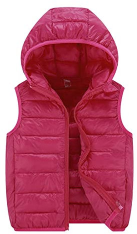 Smanicato Piumino Senza Maniche Gilet con Cappuccio Bambini Piumini con Cappuccio Cappotto Imbottito Senza Manica da Bambini Zip Up Giubbotto Impermeabile Invernale 3-15 Anni (Rosa caldo, 12-15 Years)
