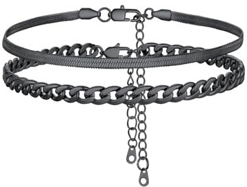 FOCALOOK Lot de Chaîne de Cheville Noire 2 Pièces Ensemble, Bracelet de Pied Femme Chaîne Mirroir 3mm, Chaine de Cheville Homme Maille Gourmette 5mm, 22+5cm Ajustable