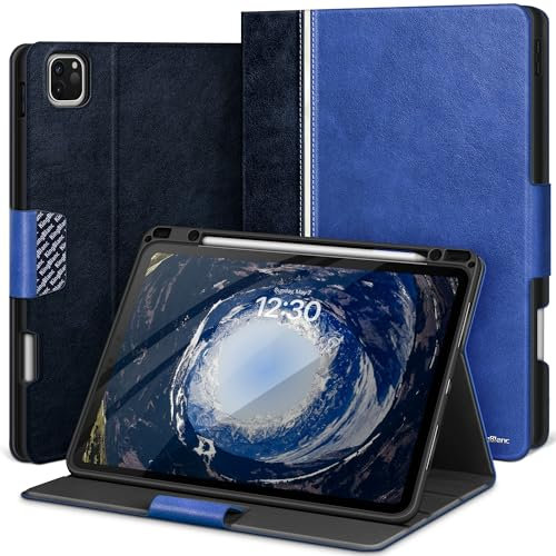 KingBlanc für iPad Pro 12.9 Zoll Hülle 2022 6. Generation 2021/2020/2018 (5./4./3. Gen) mit Stifthalter, Pencil2 Unterstützung, Veganes Leder Schutzhülle für iPad Pro 12.9, Blau