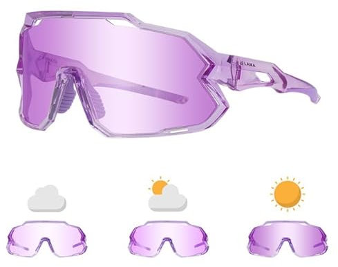 LAMA Sportbrille Fahrradbrille Radsportbrillen, Selbsttönend Sonnenbrille Fahrradbrille Herren Damen, UV400 Schutz MTB Brille Skibrille Sportsonnenbrille für Fahrrad (Lila Rahmen Lila Gläser)