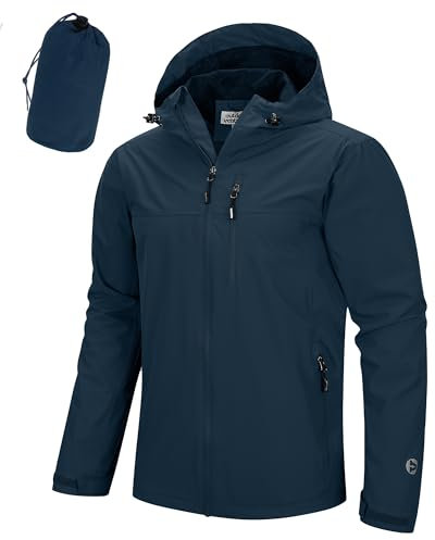 Outdoor Ventures Veste de pluie pour homme - Imperméable et respirante - Pliable - Légère - Coupe-vent - Pour les loisirs, la randonnée, le camping, bleu foncé, L