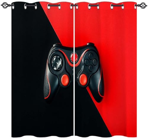 ANHOPE Schwarz Rot Gamer Gamepad Vorhänge mit Ösen Blickdichte Gardinen Thermo Vorhang Blackout Curtain Schlafzimmer Wohnzimmer Kinder Jungen Mädchen Verdunklungsvorhänge 2er Set H 175 x B 140 cm