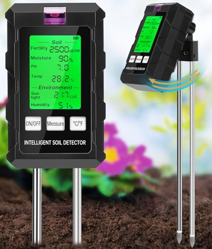 WADEO Misuratore umidità Terreno, 6 in 1 misuratore PH Terreno con fertilità/umidità/PH/Temperatura/Luce Solare/umidità, igrometro per Piante con Doppia sonda per Giardinaggio, Prato e Agricoltura